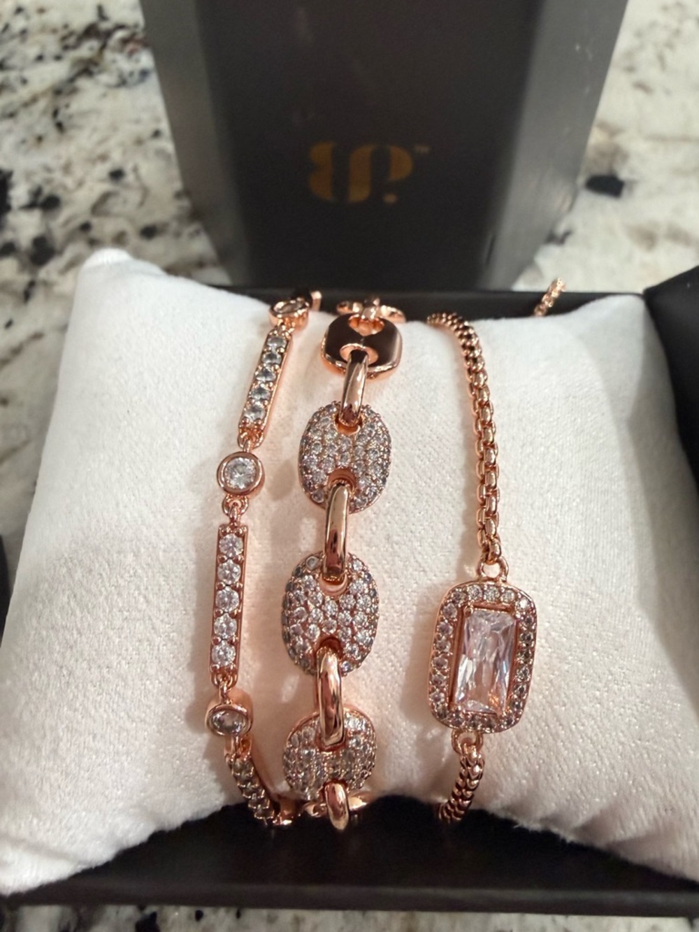 Rose Gold Crystal Link Bracelet Set - Elegant Women's Trio